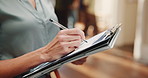 Teacher, writing and woman with clipboard in hallway for attendance, report and student grades. School, hands and lecturer with paperwork, checklist and documents for curriculum, college or education
