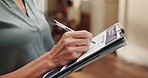 College, writing and teacher with clipboard in hallway for attendance, report and student grades. School, hands and lecturer with paperwork, checklist and documents for curriculum, marks or education
