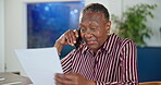 Financial planning, phone call and old woman with paperwork in house, smile or talking with contact. Retirement, advice and senior black person with mobile, happy and discussion for insurance policy