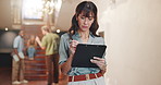 Hallway, writing and lecturer with paperwork in college for attendance, report and student grading. School, teacher and woman with documents, checklist and exam for curriculum, survey and education