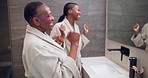 Skincare, senior mother and woman in bathroom with dance, fun moment or bonding with eye care. Reflection, groove or black family in home with patch, happy connection or pampering treatment in mirror