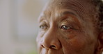 Patient, thinking and old woman with eye test for cataract assessment, optical health or appointment. Senior, black person and vision exam in medical clinic for glaucoma, eyesight checkup or wellness
