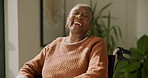 Black woman, senior and face in wheelchair with reflection, history and happy in nursing home. Portrait, laughing and person with disability in assisted living facility, memory or view with good mood