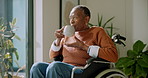 Old woman, wheelchair or drinking coffee in home with view, reflection and relax with beverage. Vision, lounge and person with disability by window for retirement, nostalgia and herbal tea in house