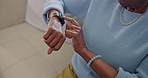 Hands, woman and touch at house with smart watch, check time and notification for text message. Person, relax and reading in lounge with wristwatch, reminder alert and online update for chat preview