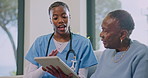 Home, tablet and nurse with senior woman for checkup, consulting and medical report on sofa. Retirement, assisted living and caregiver with elderly patient on tech for health exam, support or talking