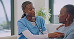 Nurse, stethoscope and old woman in retirement home with checkup, monitor breathing and heart health. Black people, caregiver and senior patient with tools for respiratory exam, help and wellness.