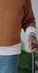 Hands, woman and walking at house with cane, balance and mobility support for rehabilitation. Stick, assistance and female person with disability, gait training and stability aid for physiotherapy