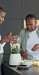 Black people, family and fruit in kitchen with blender, healthy drink and health benefits for diet. Old woman, adult daughter or ingredients in home with machine, protein shake and digestion smoothie