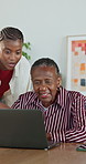 Helping, old woman and daughter with laptop in house, discussion and training for digital literacy. Tech, education and black people in home, happy family and senior mother with skill development