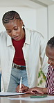 Senior, mom and woman with document for sign, insurance registration help or support with form. Black family, adult daughter and happy mother with signature, pension application or assistance in home