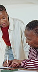 Senior, mom or woman with paperwork for sign, insurance registration help or support with form. Black family, adult daughter and happy mother with signature, pension application or assistance in home