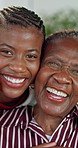 Face, love and senior mother with woman in home, happy black family and laughing together for care. Adult daughter, elderly parent and portrait with smile, funny and support for relationship wellness
