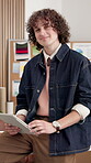 Tablet, research and face with man in office for textile sample, planning and project. Distribution data, fabric inventory and online tailor supplier with employee for sales forecast and smile