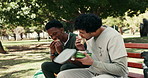 Lunch, bench and students at university for eating, break and nutrition for healthcare education. Friends, campus and men with food, sandwich and outdoor for learning, studying and nursing school