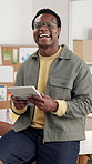 Tablet, research and face with black man in office for textile sample, planning and project. Distribution data, fabric inventory and online tailor supplier with employee for sales forecast and smile