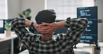 Stretching, man and coder in office with computer, running code or problem solving in project. Programmer, cybersecurity or back with tech for software development, review script or finished deadline