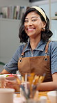 Creative, face and happy woman in pottery studio, craftsmanship and confident with bowl in workshop. Artisan, portrait and person with smile, art and laughing with ceramic sculpture in small business