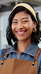 Pottery, face or happy woman in workshop with laugh, clay artist or owner of creative startup. Smile, portrait or artisan in studio with confidence, craft production or about us in sculpture business