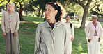 Fitness, lesson and stretching with old woman in park for yoga, wellness and workout class. Healing session, zen and warm up with group of people outdoor for holistic health, exercise and peace