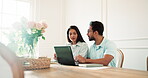 Couple, reading and talking in home with laptop, online banking and statement of utility bills. People, discussion and document at house with tech, financial records and loan application for mortgage
