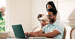 Laptop, happy and businessman in home with remote work for web development research with freelance. Technology, family and software engineer with email feedback frontend project in apartment.
