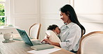 Smile, mother and baby in home with tablet, online banking and statement of medical aid bills. Happy, woman and infant at house with tech, finance records and birth registration for family benefits