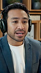 Headphones, video call and business man in office for account advisor, online meeting and discussion. Online meeting, investor feedback and virtual consultant with person in agency for webinar