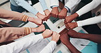 Medical, circle and people in clinic with fist bump, achievement and motivation in hospital teamwork. Above, diversity and doctor with support gesture, success and encouragement in healthcare synergy