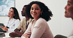 Face, woman and happy in business seminar for staff training, employee education and job upskill. Office, person or smile in workshop for workplace learning, professional development or career growth