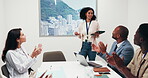 Applause, hospital and woman in meeting, presentation and ai solution for medical admin system. Healthcare, team and person on tablet for automated telehealth for integration, patient info or success