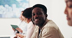 Face, man and smile in business seminar for staff training, employee education and job upskill. Office, person and happy in workshop for workplace learning, professional development and career growth