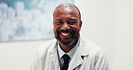 Happy, black man and face of doctor in hospital with confidence for career in healthcare support. Smile, about us and portrait of medical director with pride for job opportunity in clinic workplace.