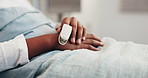 Hands, child and bed at hospital with oximeter, oxygen level and pulse rate for surgery recovery. Inpatient, kid and device in icu ward for vital signs, monitor respiratory and assessment for healing