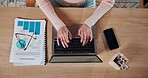 Remote work, home and hands with laptop, graphs and research for ad campaign and marketing strategy. Freelance, paperwork and person with tech, above and social media specialist with stats in house