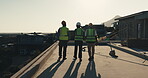 Team, walk or site inspection for concrete terrace, safety check and building progress review. Back of people, foreman or talk for phase assessment, structural integrity or compliance in construction
