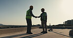 Team, men or handshake on rooftop for construction, trade handoff or structural approval of building. Engineer, foreman or shaking hands for phase completion, site inspection or concrete slab finish