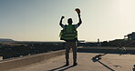 Back, man and celebration on rooftop for construction, structural deck goal and inspection pass. Helmet, project manager and fist pump for roof slab completion, phase milestone and concrete approval