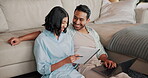 Financial planning, paperwork and happy couple with laptop in home, online or investment on website. Asset management, research and people with documents, laugh and budget review with tech in house