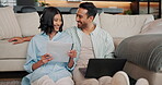 Couple, laugh and financial planning with laptop in home, paperwork and checking investment on web. Asset management, online and happy people with documents, info and budget review with tech in house