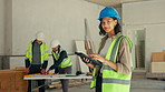 Tablet, woman and technician at construction site with smile, electrical compliance or project log. Face, electrician and happy person with tech for power safety, building development and laughing