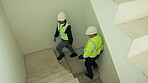 Construction, team and building inspection for stair integrity, renovation progress and above. People, foreman and engineer with site visit for staircase evaluation, safety standards and compliance