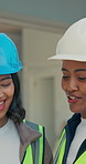 Engineer, team and happy women with tablet, construction and plan for renovation project and online. Civil engineering, discussion and people with supervisor, laugh and property development with tech