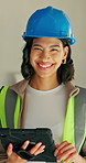 Face, woman and technician at construction site with tablet, helmet and laugh for funny project idea. Happy, person and electrician in building with digital tech, property development and planning.