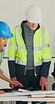 Engineer, team and people with blueprint, meeting and planning for property development and design. Civil engineering, discussion and colleagues with paperwork, point and ideas on construction site