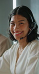 Laugh, headset and face of woman in call center for consulting, friendly service and crm support. Portrait, coworking and person in office for contact us, virtual assistance or help for faq enquiry