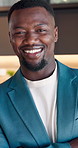 Real estate, face and black man in home with arms crossed, leasing agent and pride in housing market. Happy, portrait and realtor with confidence, property seller and about us in commercial industry.