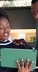 Realtor, people and discussion with tablet in office for property development, report or proposal. African man, woman and broker with tech for valuation, conversation and app at real estate agency