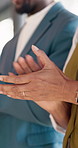 People, hands and meeting with applause in seminar for congratulations, promotion or success. Business, group or employees clapping with celebration for presentation, good news or work achievement