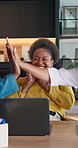 Realtor, applause and high five with laptop in office for property sale, report or good news. Business people, celebration or broker with tech for valuation, growth and approval at real estate agency